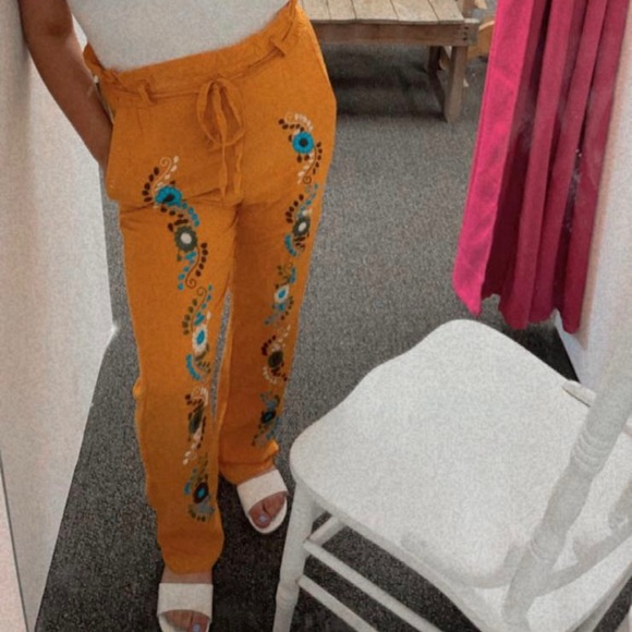 Mexican Mustard Rayon Floral Embroidered Drawstring Pants - Picture 3 of 3